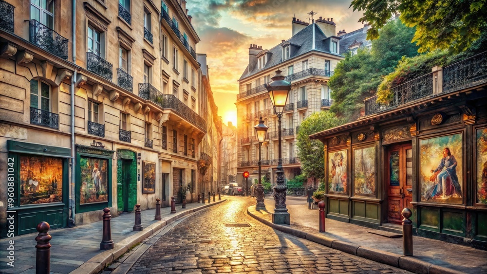 Fototapeta premium Vintage Parisian street romantic charming old posters classic elegant architecture urban wall morning