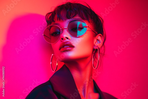 Trendsetting Woman in Avant Grade Outfit with Solid Neon Pink Background Bold Lifestyle Portrait