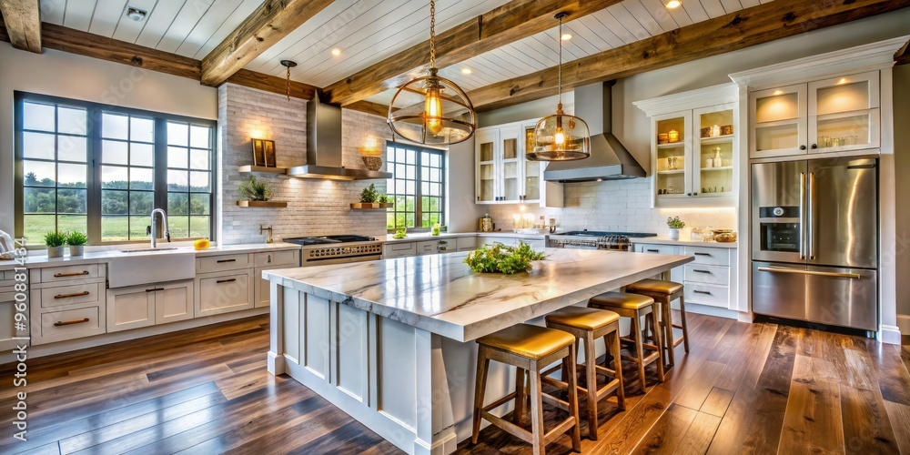 luxurious modern farmhouse kitchen renovation with reclaimed wood accents, soft golden lighting, and sleek marble countertops, evoking warmth and sophistication luxurious modern farmhouse kitchen renovation with reclaimed wood accents, soft golden lighting, and sleek marble countertops, evoking warmth and sophistication