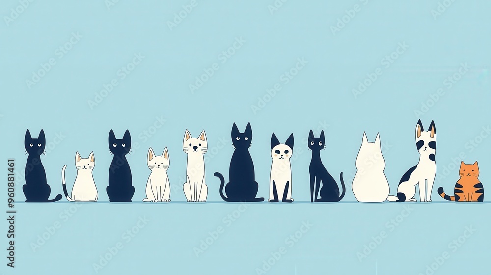 Obraz premium Cute Cartoon Cats Sitting in a Row on a Light Blue Background
