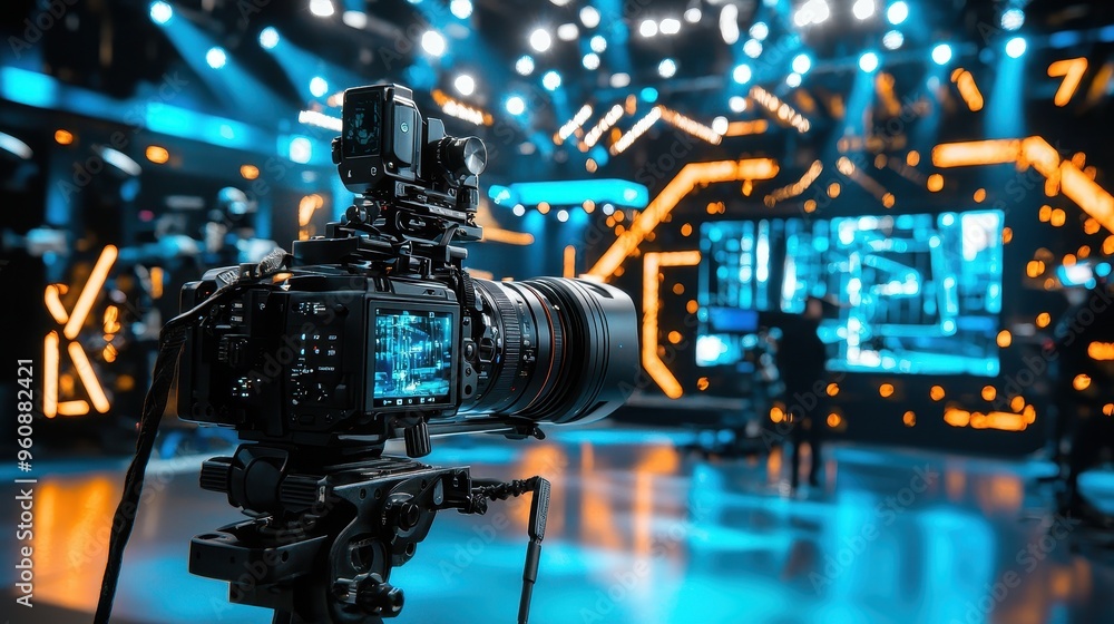 Professional Video Camera on Tripod in Studio with Stage Lights Professional Video Camera on Tripod in Studio with Stage Lights
