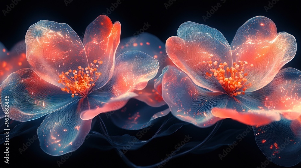 Two glowing, transparent flowers with orange and blue hues on a dark background. Two glowing, transparent flowers with orange and blue hues on a dark background.