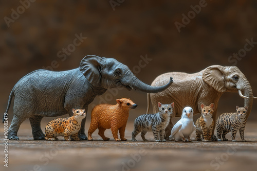 A collection of different animals in various stages of their life cycle, from birth to maturity and reproduction. Concept of biology and life processes.
