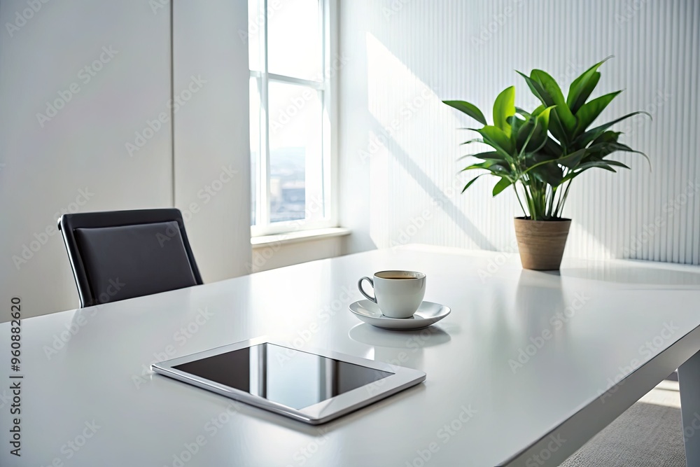 Fototapeta premium stark minimalist office environment with single tablet on white surface
