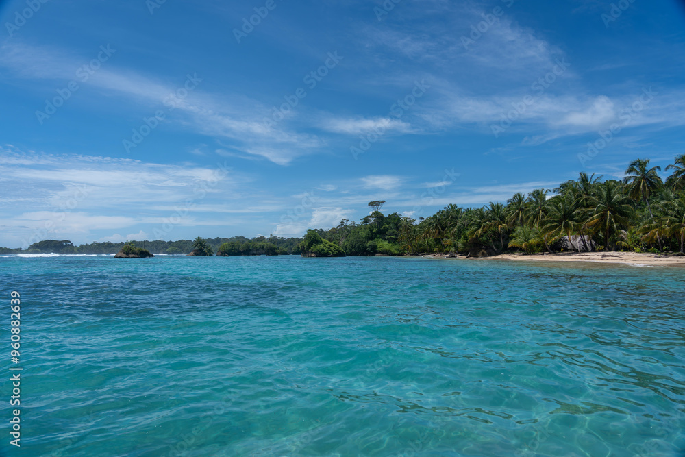 Clear Blue Water and Scenic Tropical Beach Surrounded by Palm Trees and Lush Nature - A Serene Island Paradise Offering Eco-Tourism and Adventure Travel in a Remote, Unspoiled Caribbean Destination Clear Blue Water and Scenic Tropical Beach Surrounded by Palm Trees and Lush Nature - A Serene Island Paradise Offering Eco-Tourism and Adventure Travel in a Remote, Unspoiled Caribbean Destination