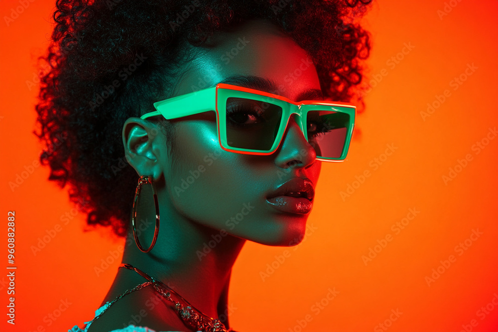Stylish Woman in Neon Green Eyewear with Solid Neon Orange Background Modern Lifestyle Portrait Stylish Woman in Neon Green Eyewear with Solid Neon Orange Background Modern Lifestyle Portrait