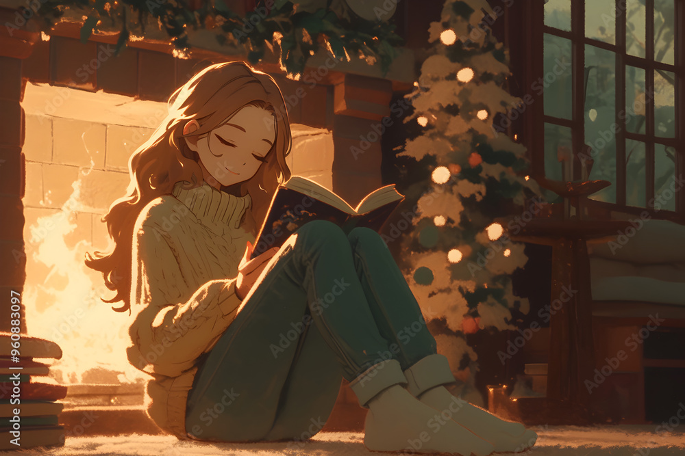 Cozy Winter Evening: Girl reading a book by the fireplace surrounded by fairy lights and plush blankets. Anime style, Cozy vibes Cozy Winter Evening: Girl reading a book by the fireplace surrounded by fairy lights and plush blankets. Anime style, Cozy vibes