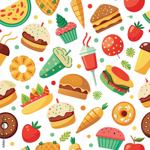 A vibrant collection of mouthwatering foods including burgers ice cream cones and various fruits arranged in a fun seamless pattern