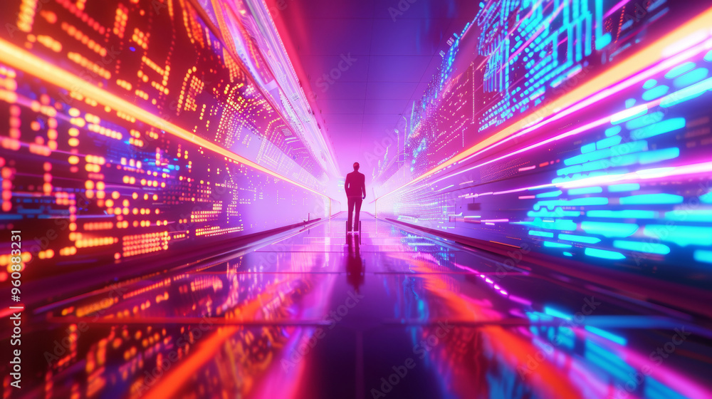 3D person silhouette stands in empty futuristic virtual reality space with glowing holographic beam lines and digital interfaces cyberpunk sci-fi fashion technology screen purple red blue background 3D person silhouette stands in empty futuristic virtual reality space with glowing holographic beam lines and digital interfaces cyberpunk sci-fi fashion technology screen purple red blue background