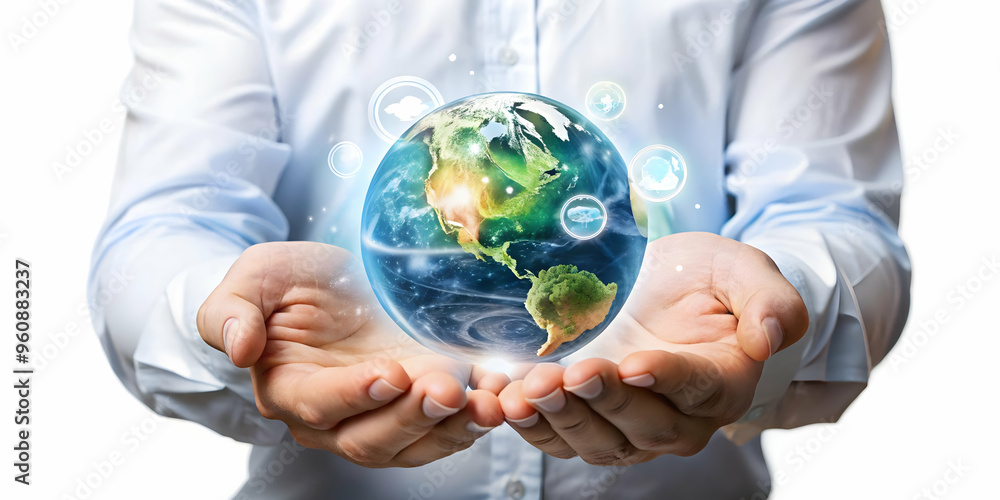 Flat Vector Illustration: Glossy Earth and Hands with Holographic Protection Symbols for Climate Action - Ideal for Sustainability Campaigns and Global Initiatives; Simple, Smart Business Tone with Am Flat Vector Illustration: Glossy Earth and Hands with Holographic Protection Symbols for Climate Action - Ideal for Sustainability Campaigns and Global Initiatives; Simple, Smart Business Tone with Am