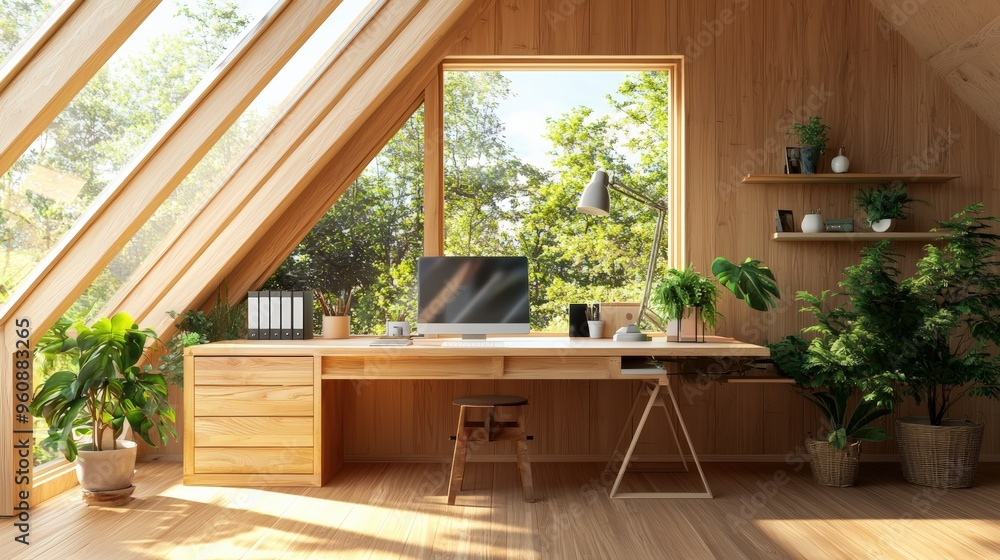 Fototapeta premium Home office with energy-saving insulation and solar panels, reducing overall energy consumption