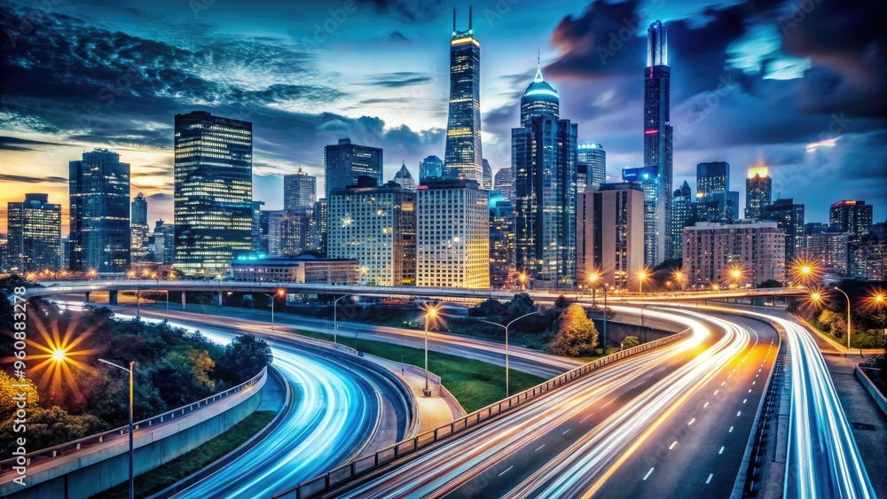 Fototapeta premium futuristic Interstate 80 Illinois cityscape sleek modern atmosphere cool silver tone highway infrastructure urban development city lights neon glow