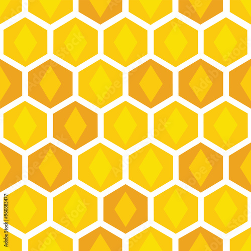 This seamless honeycomb pattern showcases a collection of hexagonal shapes in vibrant yellow and orange hues perfect for creative design use