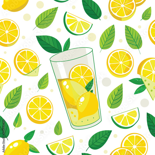 A vibrant glass filled with lemon juice showcases slices of fresh lemon and green leaves perfect for a sunny day or summer refreshment