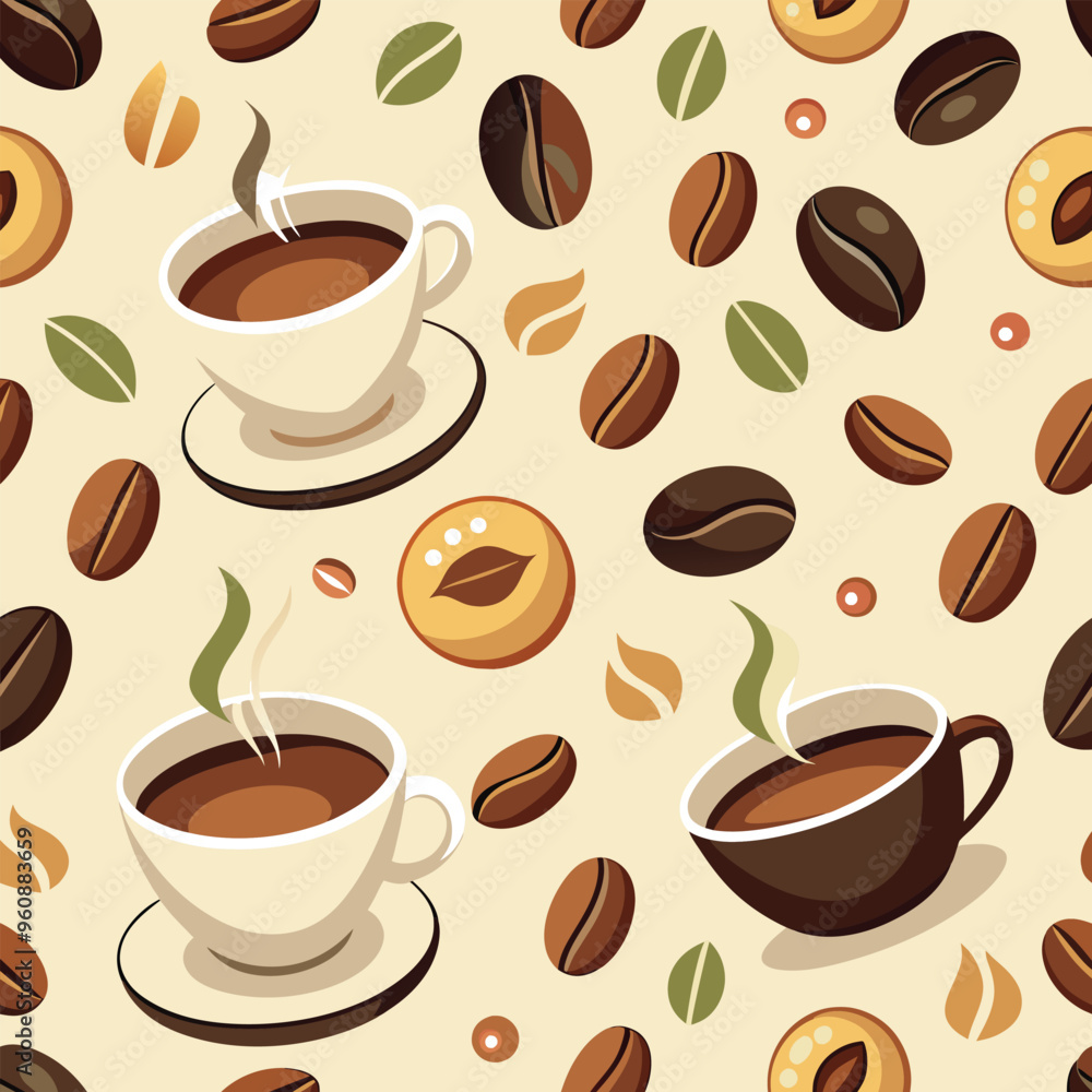 Obraz premium This design features an appealing arrangement of steaming coffee cups alongside roasted coffee beans creating a warm and inviting atmosphere