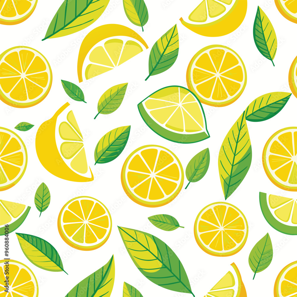 This seamless pattern showcases bright lemon slices and green leaves against a white background ideal for creating cheerful and refreshing designs This seamless pattern showcases bright lemon slices and green leaves against a white background ideal for creating cheerful and refreshing designs