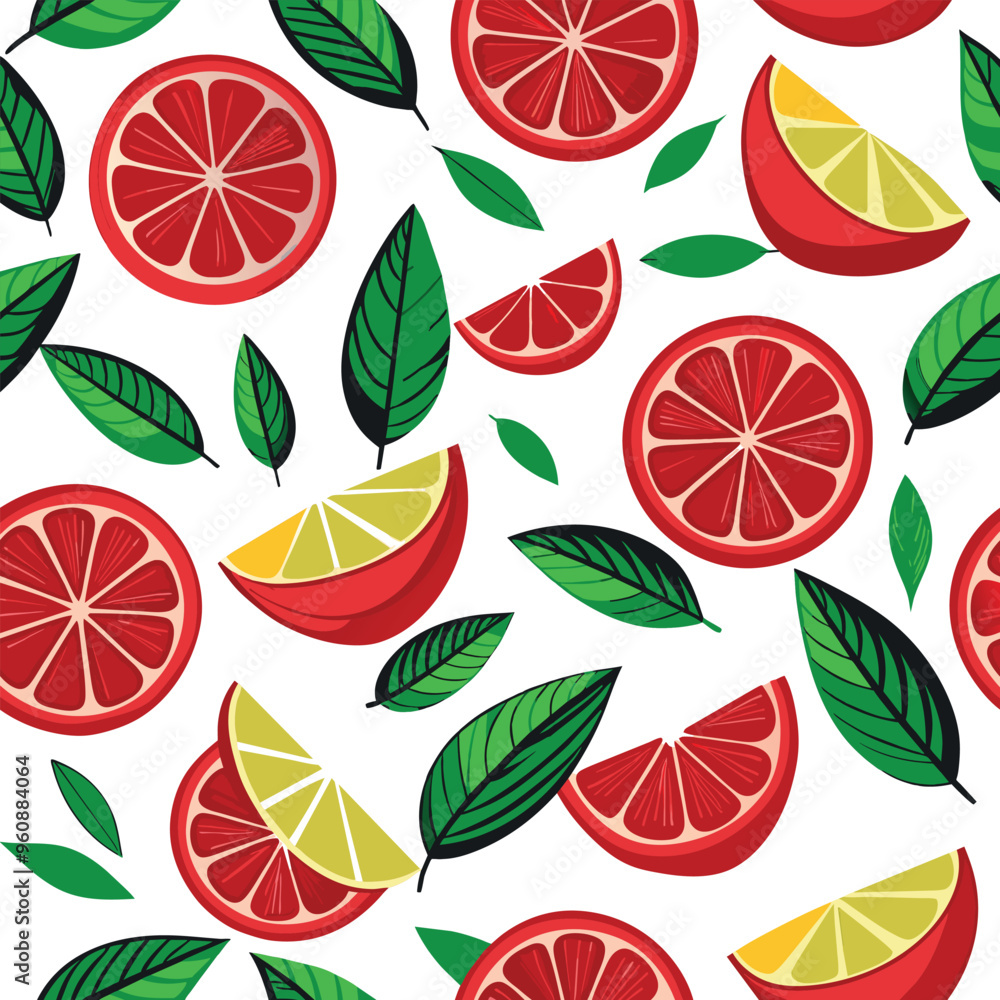 This seamless pattern showcases colorful lemon and lime slices interspersed with lively green leaves creating a fresh and appealing look ideal for designs This seamless pattern showcases colorful lemon and lime slices interspersed with lively green leaves creating a fresh and appealing look ideal for designs