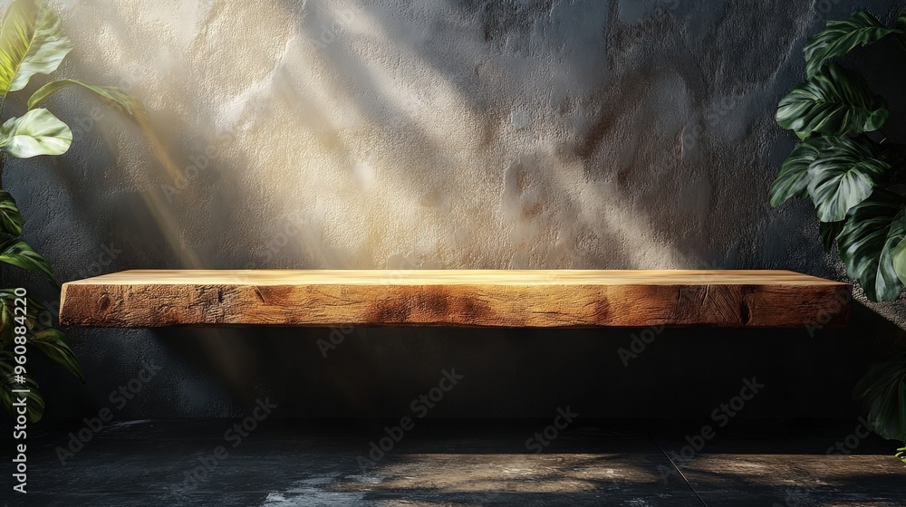 Rustic wooden shelf against a textured concrete wall with sunlight streaming through the window and green plants on either side. Rustic wooden shelf against a textured concrete wall with sunlight streaming through the window and green plants on either side.