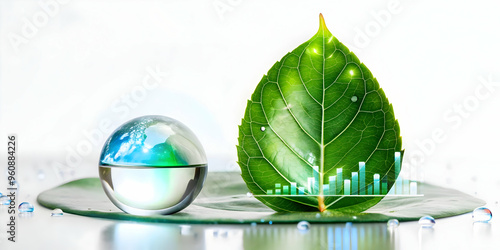 Sleek Flat Illustration: Glossy Leaf & Water Droplet with Holographic Hydration & Growth Data on White Background - Ideal for Environmental Sustainability Content - Vector Illustration in Smart Busine photo