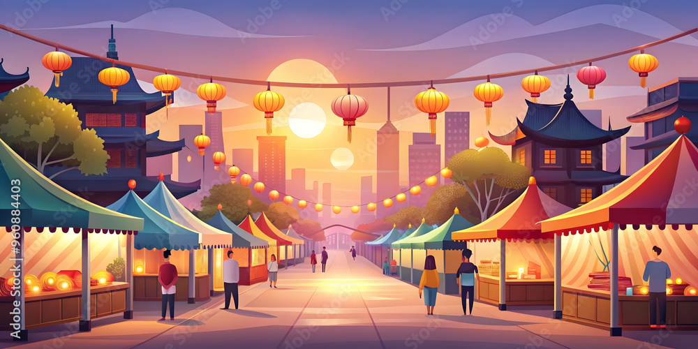 Mid Autumn Festival Market Street: Vibrant Stalls and Lanterns in Glossy Flat Vector Illustration - Capturing the Lively Atmosphere of the Evening Market Scene with Smart Business Tone Mid Autumn Festival Market Street: Vibrant Stalls and Lanterns in Glossy Flat Vector Illustration - Capturing the Lively Atmosphere of the Evening Market Scene with Smart Business Tone