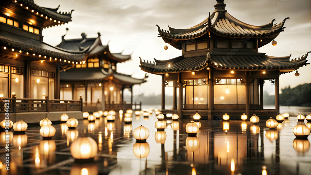 Serene Mid Autumn Festival Pavilion with Lanterns - Calm Night Glow in Elegant Flat Vector Illustration, Ideal for Business Concepts Serene Mid Autumn Festival Pavilion with Lanterns - Calm Night Glow in Elegant Flat Vector Illustration, Ideal for Business Concepts