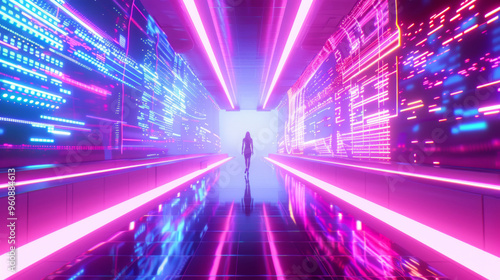 Wallpaper Mural 3D person silhouette stands in empty futuristic virtual reality space with glowing holographic beam lines and digital interfaces cyberpunk sci-fi fashion technology web pink blue background Torontodigital.ca