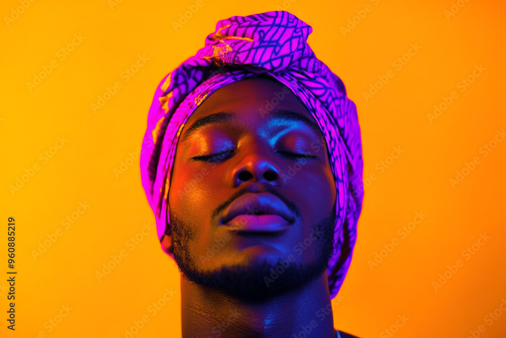 Trendsetting Men in Neon Purple Head Wrap with Solid Neon Orange Background Bold Fashion Portrait Trendsetting Men in Neon Purple Head Wrap with Solid Neon Orange Background Bold Fashion Portrait