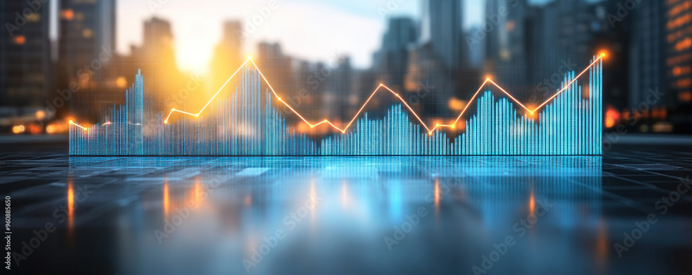 Naklejka premium A graph of a city skyline with a sun in the background. The graph is blue and orange