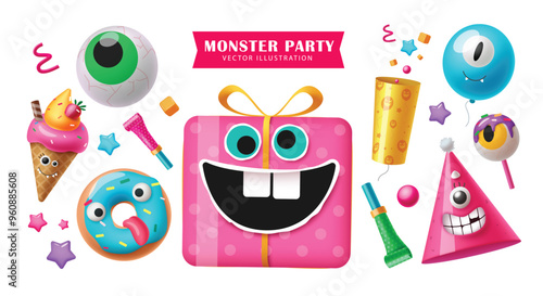 Halloween monster party elements vector set design. Halloween festive decoration elements like cute gift box, scary birthday hat, balloon and lollipop isolated in white background. Vector illustration