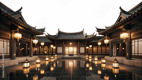 Flat Glossy Temple Courtyard with Lanterns for Mid Autumn Festival: Peaceful Sacred Scene Illuminated by Lanterns Creates Reflective Background, Enhancing Temple Details. Wide Shot in Smart Business V