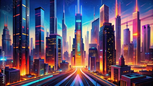 Wallpaper Mural Synthesized metropolis of towering skyscrapers, bustling streets, and glowing neon lights, captured in a stylized, graphic novel-inspired aesthetic with bold lines and bright, primary colors. Torontodigital.ca