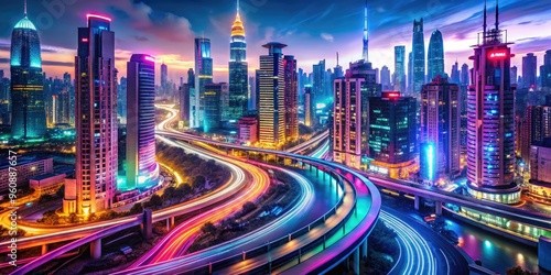 vibrant metropolitan kaleidoscope curves bustling cityscape futuristic neon lightscape