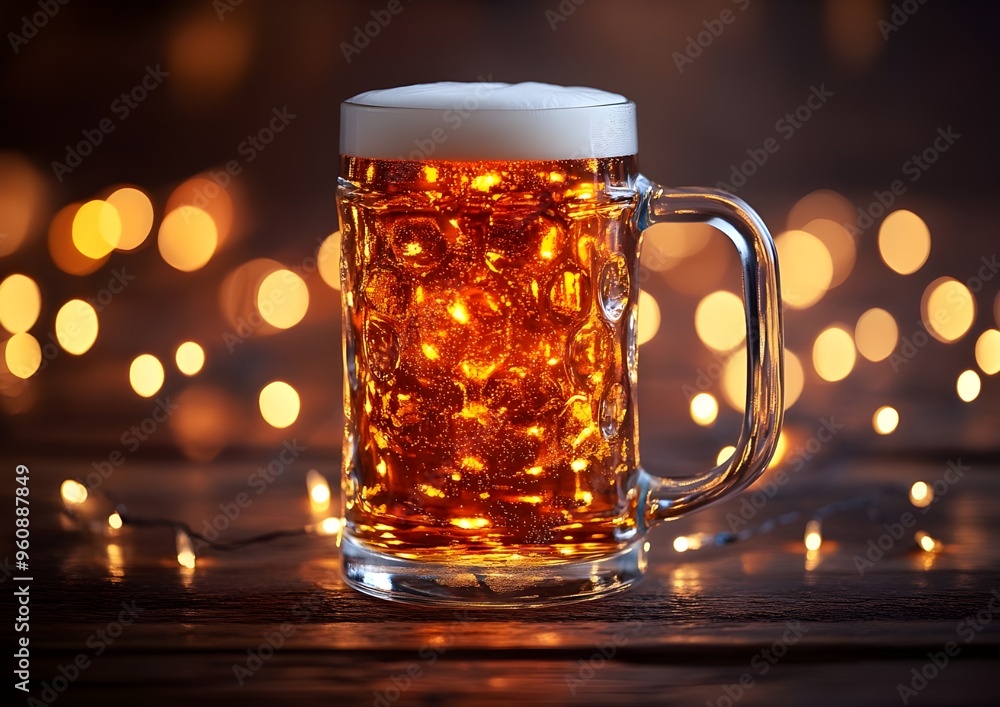 A close-up of a frosty glass beer mug filled with dark amber beer, topped with a thick, creamy head of foam. A close-up of a frosty glass beer mug filled with dark amber beer, topped with a thick, creamy head of foam.