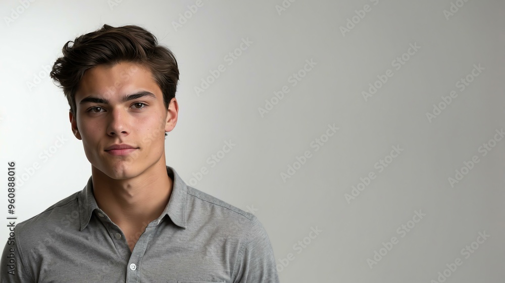 Obraz premium teen stunning brunette american man with gray shirt model portrait standing straight on a plain white background for ad concept space for text
