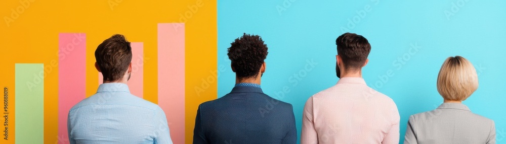 Diverse group of business professionals analyzing growth charts in a vibrant office. Teamwork and collaboration in action.