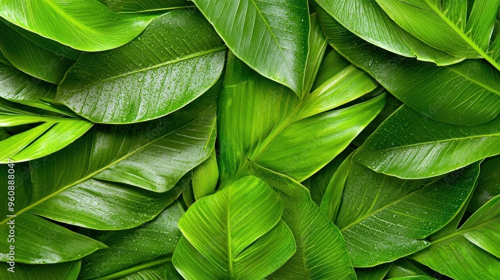 Lush Green Tropical Leaves with Water Droplets Lush Green Tropical Leaves with Water Droplets