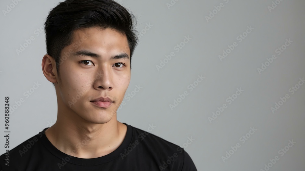Fototapeta premium teen stunning brunette asian man with black shirt model portrait standing straight on a plain white background for ad concept space for text