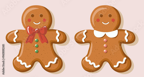Cute gingerbread cookie man and woman, couple, vector illustration