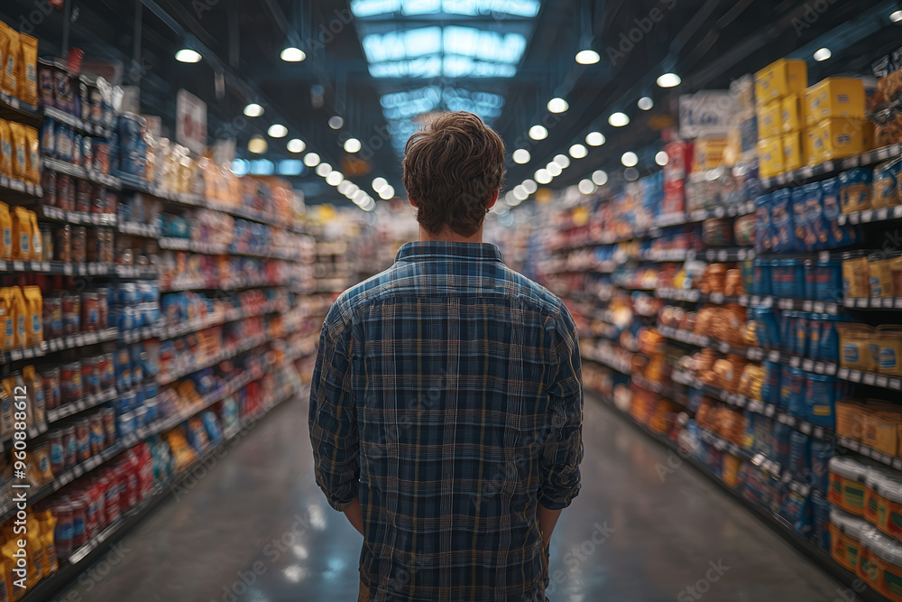 A retail employee restocking shelves with sale items amid a flurry of activity. Concept of store management and Black Friday preparations. A retail employee restocking shelves with sale items amid a flurry of activity. Concept of store management and Black Friday preparations.