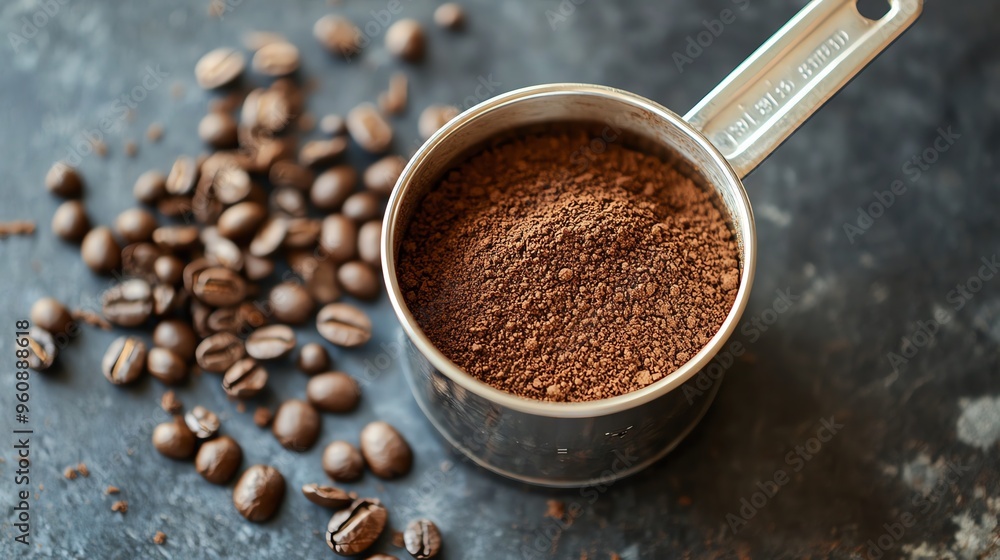 A measuring cup filled with fresh ground coffee, surrounded by whole coffee beans. Perfect for coffee lovers and culinary enthusiasts. A measuring cup filled with fresh ground coffee, surrounded by whole coffee beans. Perfect for coffee lovers and culinary enthusiasts.