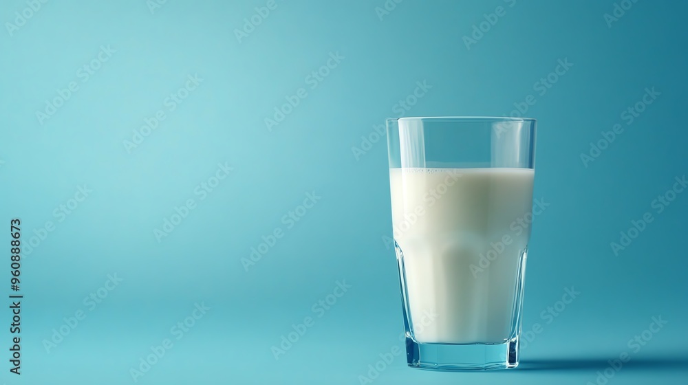 A refreshing glass of milk against a calming blue background, perfect for various food and beverage themes. A refreshing glass of milk against a calming blue background, perfect for various food and beverage themes.