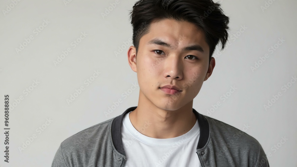 Obraz premium teen stunning brunette east asian man with gray shirt model portrait standing straight on a plain white background for ad concept space for text