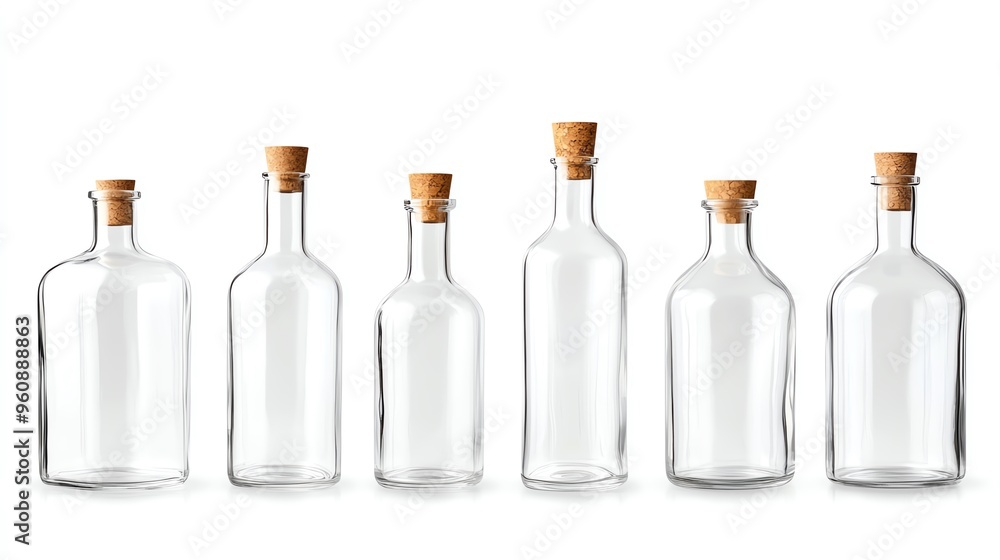 A set of six empty glass bottles with wooden corks, perfect for various storage and decoration purposes in modern settings. A set of six empty glass bottles with wooden corks, perfect for various storage and decoration purposes in modern settings.