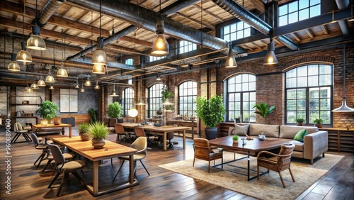 industrial loft converted startup hub exposed ductwork reclaimed wood Edison bulbs hipster vibe laid-back creative freedom innovation hub modern entrepreneur spirit