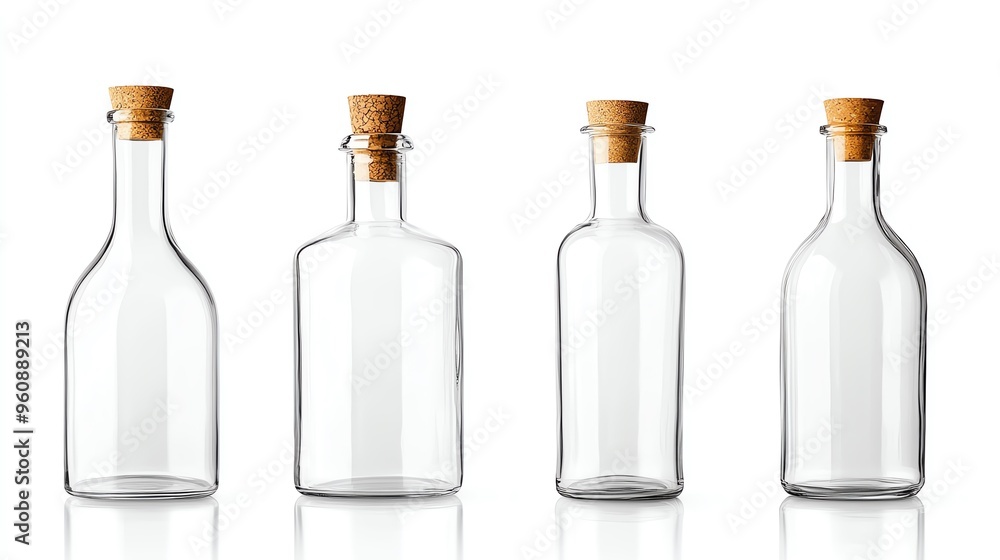 Set of clear glass bottles with wooden corks, perfect for storing liquids or as decorative items in modern kitchens. Set of clear glass bottles with wooden corks, perfect for storing liquids or as decorative items in modern kitchens.