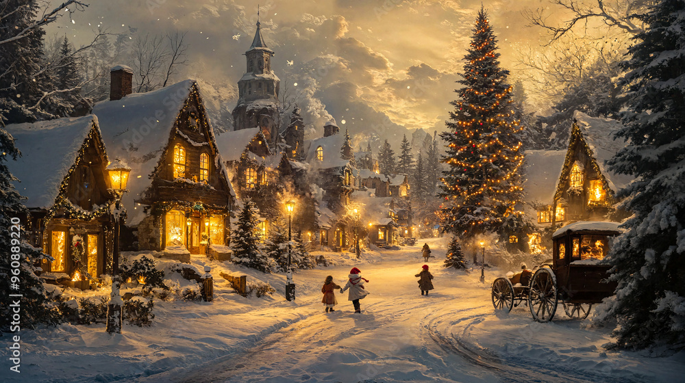 A Christmas scene with a tree and houses in the background on north pole. Small village covered by snow A Christmas scene with a tree and houses in the background on north pole. Small village covered by snow