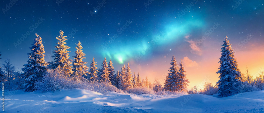 Fototapeta premium Northern Lights over a snow-covered forest, star-filled sky. North Pole. Christmas concept.