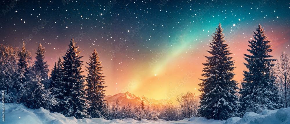 Northern Lights over a snow-covered forest, star-filled sky. North Pole. Christmas concept. Northern Lights over a snow-covered forest, star-filled sky. North Pole. Christmas concept.