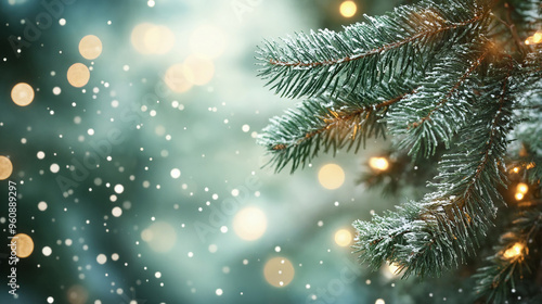 Close-up of festive Christmas tree branches with snow and bright lights on blurred background. Coy Space. Christmas image for banner.