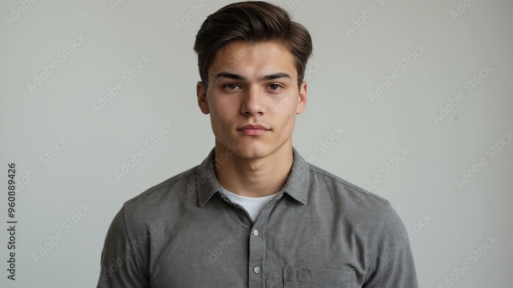 Obraz premium teen stunning brunette finnougric man with gray shirt model portrait standing straight on a plain white background for ad concept space for text
